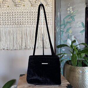 90s Vintage Necessities Black Velvet Long Double Handle Square Shoulder Bag